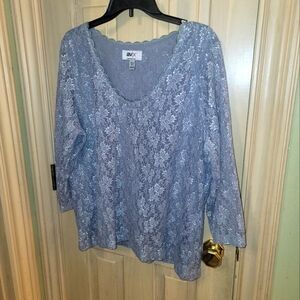 Womens Plus 18/20 Silver Sparkle All Lace V-neck 3/4 Sleeves AV/X Avenue